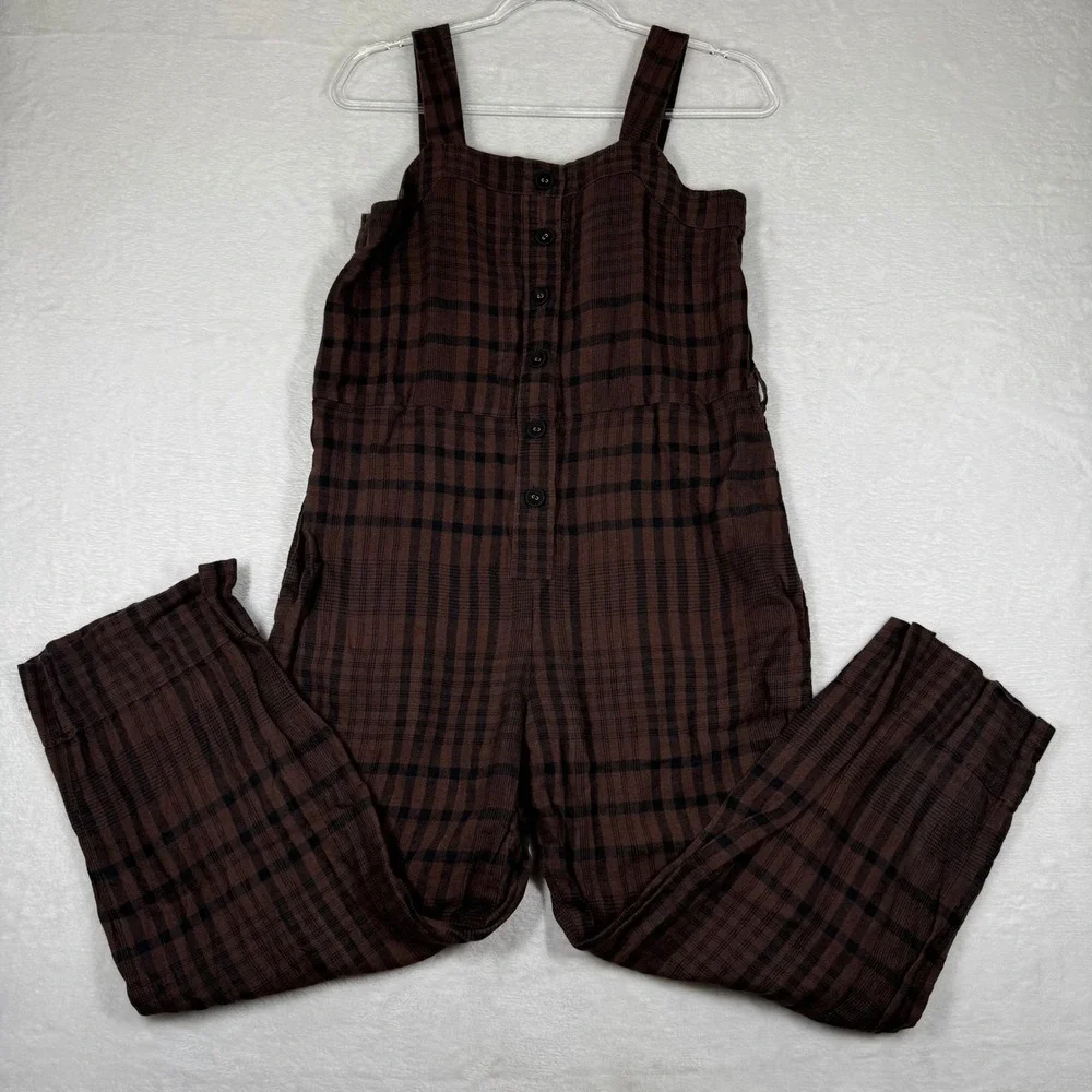Everlane Brown Plaid Linen Button Front Sleeveless Jumpsuit Size 2 Dark Academia